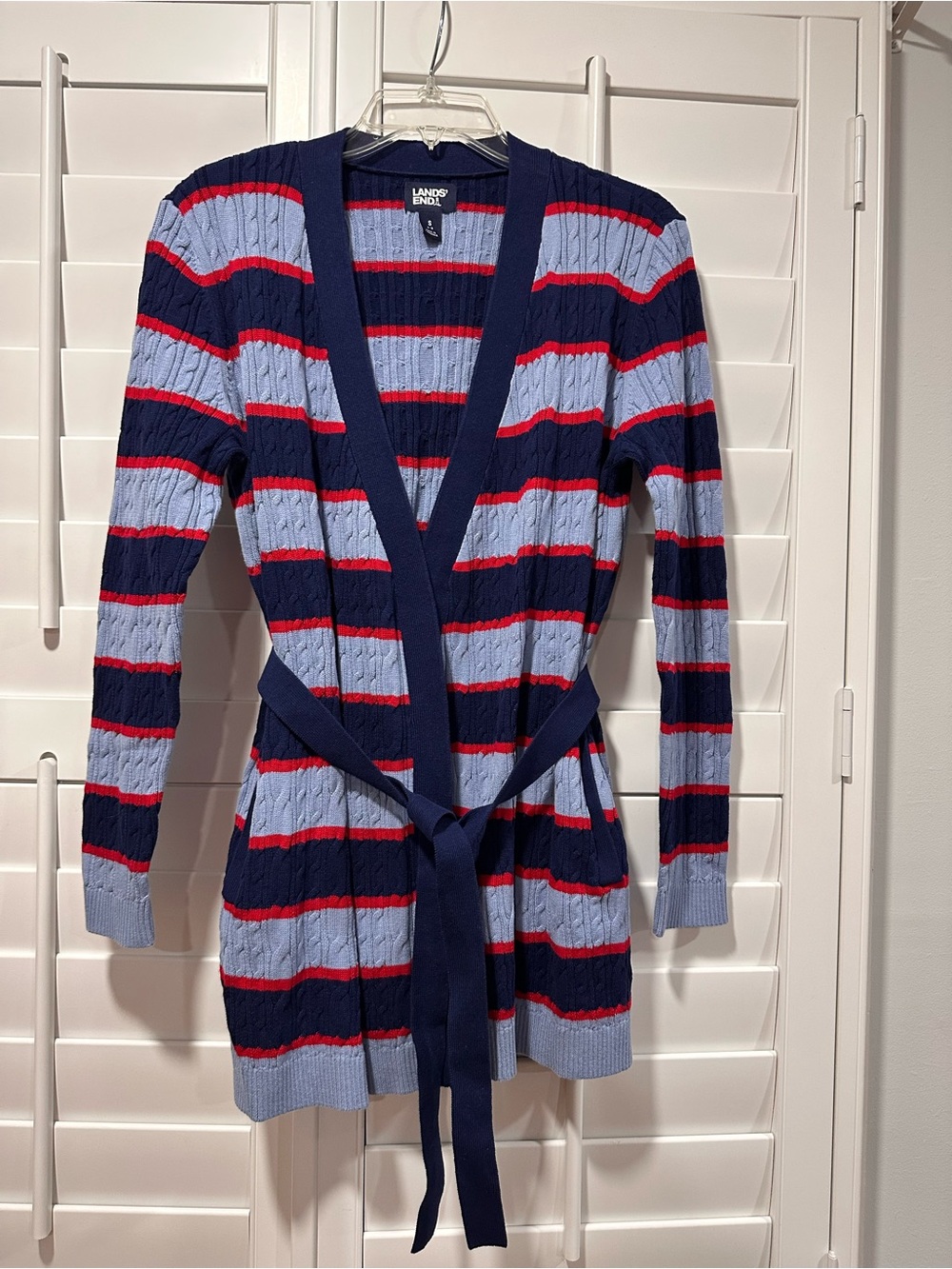 Lands’ End Belted Cable Knit Cardigan Sweater Small Blue Red Stripe 100% Cotton